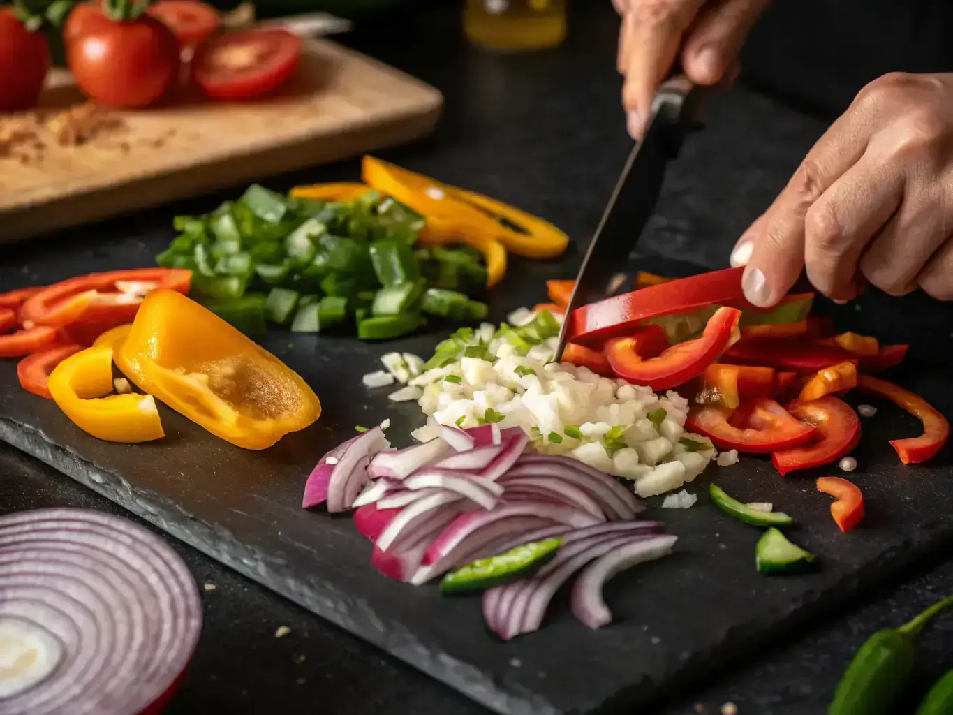A close-up of hands preparing a delicious vegan meal with fresh vegetables.