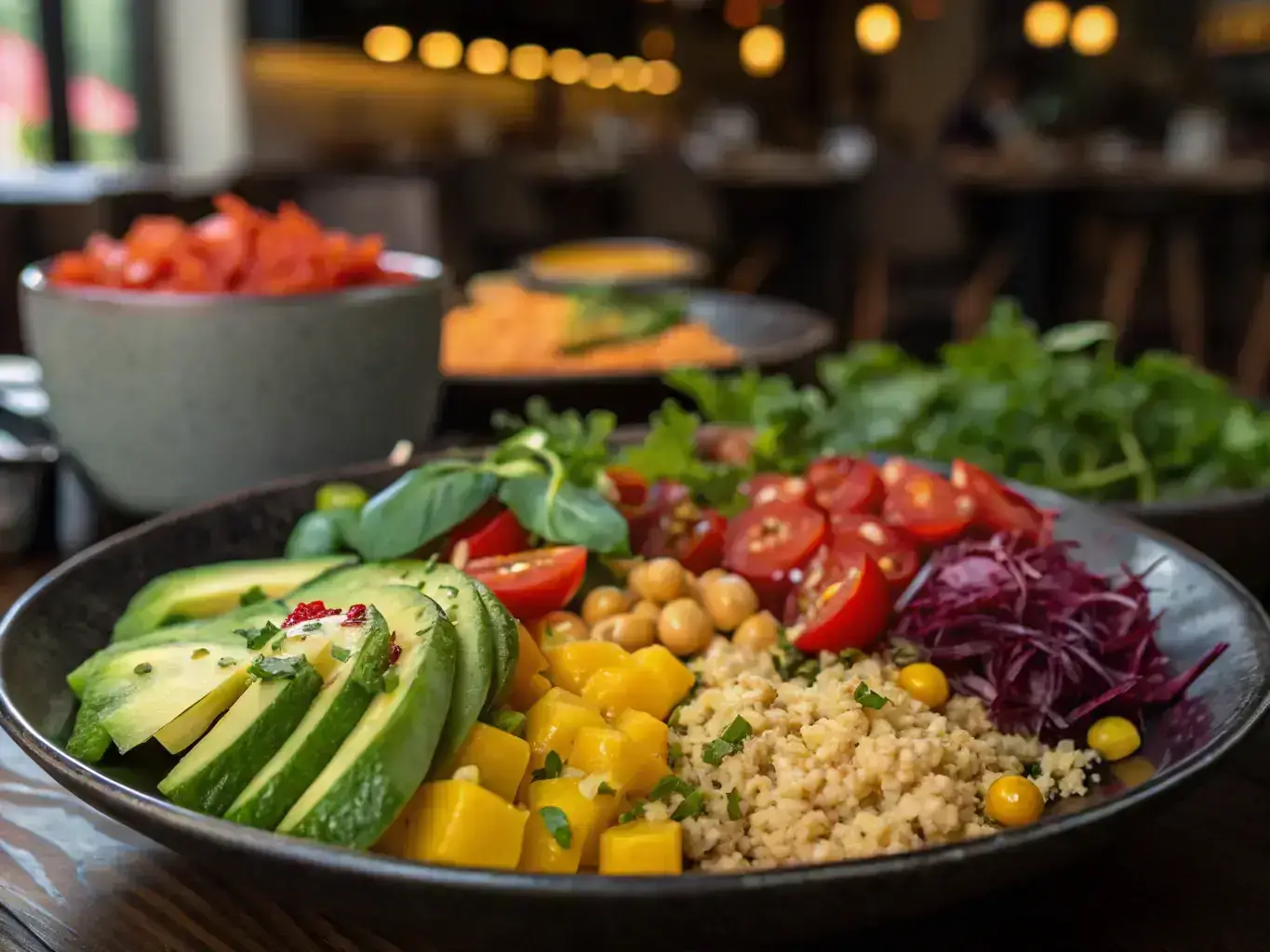 A vibrant vegan dish featuring fresh vegetables and grains on a dark plate.